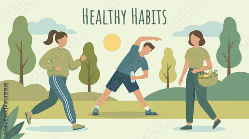 Diverse people engaging in healthy habits outdoors, promoting fitness and wellness