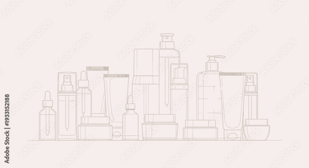 Obraz premium Collection of various cosmetic bottles and containers for skincare products displayed