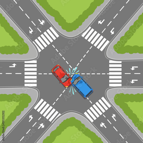 Car accident at intersection, collision between red and blue cars on crosswalk