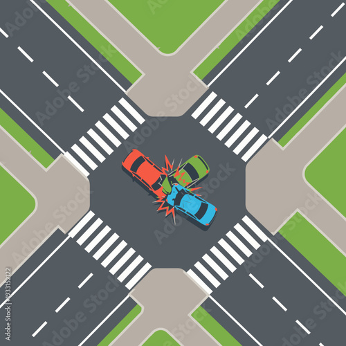 Car accident at intersection, three cars collided at crossroads, traffic crash concept