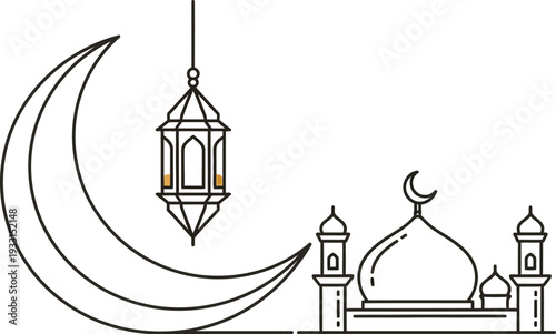 Eid Mubarak Islamic illustration with mosque and lantern on crescent moon
