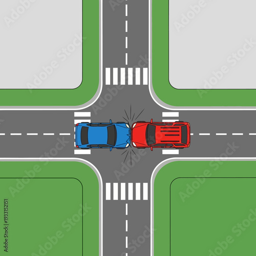 Car accident at intersection, two cars colliding at crosswalk, traffic danger
