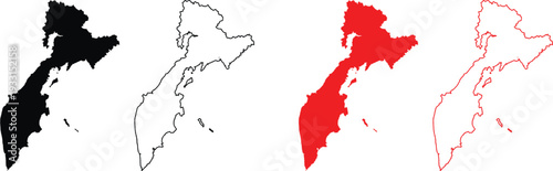 Four abstract shapes resembling landmasses are outlined in black white red and coral high quality professional