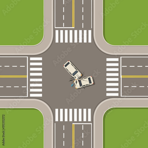 Car accident at intersection, two damaged vehicles colliding at crossroads, traffic safety concept