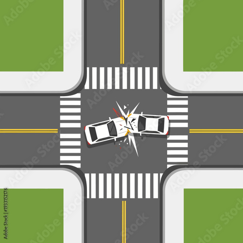Car accident at intersection, two vehicles colliding in the middle of a crosswalk