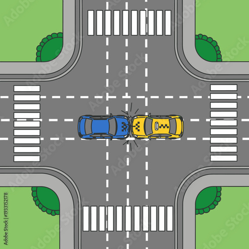Car crash at intersection: blue car and yellow taxi collide at crosswalk