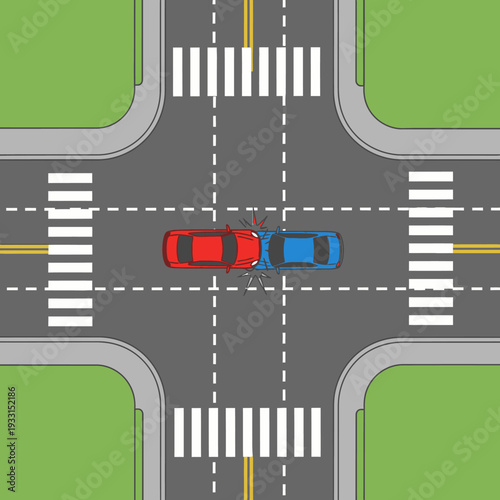 Car accident at intersection, two cars collided at crosswalk, traffic collision, road danger