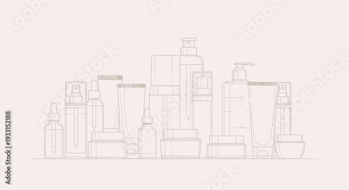 Collection of various cosmetic bottles and containers for skincare products displayed