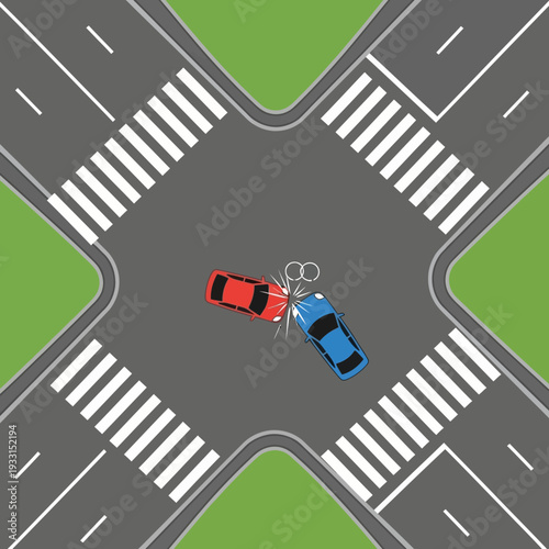 Car accident at intersection, two cars colliding at crosswalk, traffic safety concept