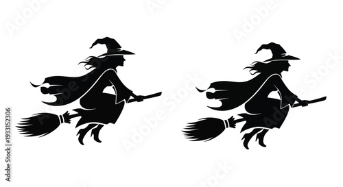 Two witches fly on broomsticks a striking black silhouette
