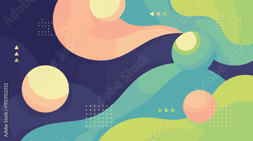 Abstract background with fluid shapes, 3D spheres, and geometric patterns