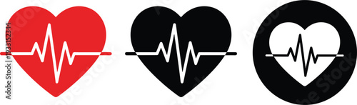 Red and black heart pulse icons with electrocardiogram line symbols isolated on white background for healthcare medical diagnostic cardiology and fitness tracking design.