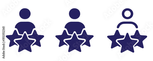 Talent recognition, employee achievement, customer satisfaction outline icon. Line sign three stars above man with raised hands. Vector isolated pictograms for web and app on white background editable