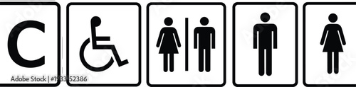 Public restroom and washroom sign set featuring male female unisex and disabled handicap accessibility symbols isolated on white background for navigation and facility wayfinding.