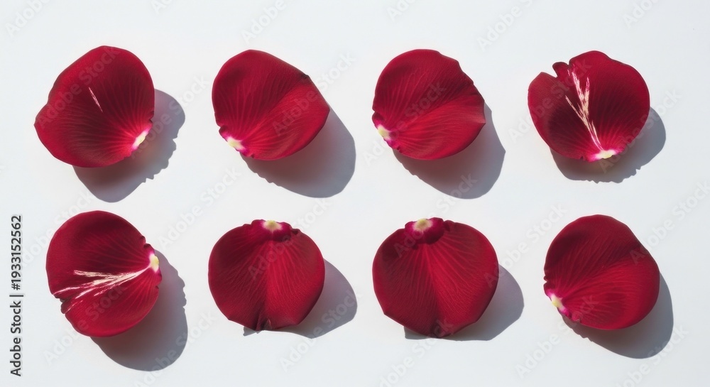 Fototapeta premium Eight vibrant red flower petals arranged on a white surface with shadows