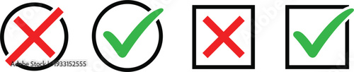 Set of green checkmark and red cross icons in circular and square frames isolated on white background for voting survey results and approved or rejected status indicators.
