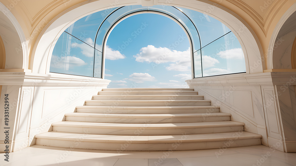 Fototapeta premium Elegant staircase leading to bright blue sky with fluffy clouds