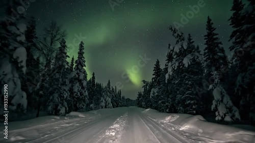 Snowy road winding through forest under aurora borealis display at dusk from a driver's viewpoint