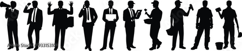 Black silhouette collection of professional business men and industrial workers including managers and craftsmen for workforce diversity career path and modern labor market concepts.