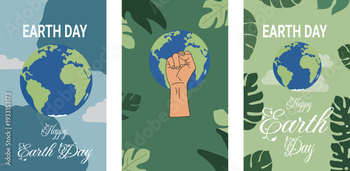 Earth Day Banner Set with Globe, Clouds, Leaves, and Activism Symbols Promoting Environmental Awareness.