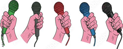 Colorful hands holding microphones illustration set representing music, interview, podcast, broadcasting, live performance and media communication concept