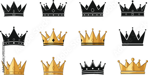 Set of royal gold and black crown icons isolated on white background for king queen princess luxury branding awards jewelry and heraldic design elements.