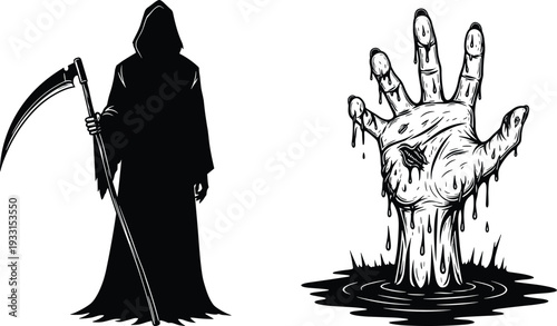 Black and white vector illustration of a hooded grim reaper silhouette with scythe and a rotting zombie hand rising from a dark swamp water.
