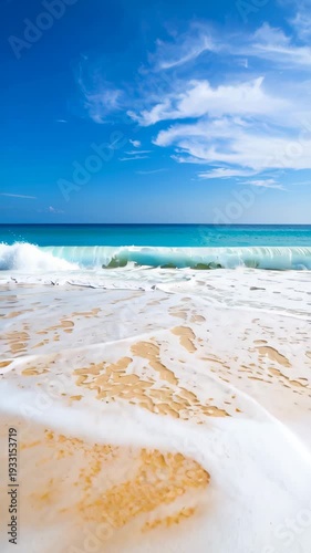 Tropical beach waves with white sea foam washing over sand footprints under a clear blue sky and wispy white clouds