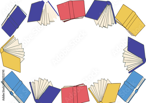 Colorful Open and Closed Books Arranged in Circular Frame Border for Education, Library, Reading and Academic Design Background