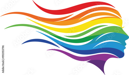 Abstract silhouette of a woman's profile with flowing hair in rainbow colors representing LGBTQ pride diversity freedom of expression and creative beauty concept.