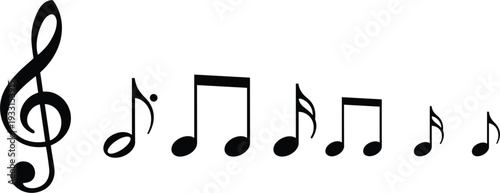 Black music notes and treble clef icon set isolated on white background for musical notation song composition melody concert and artistic sound design.