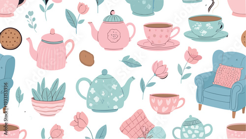 Cozy Tea Time Seamless Pattern with Teapots Cups Armchair Flowers and Pastel Home Decor Elements