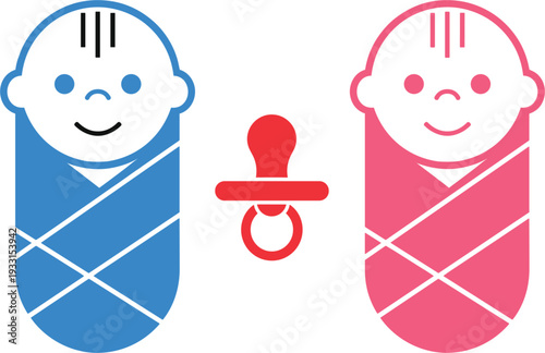 Blue and pink swaddled newborn baby silhouettes with a red pacifier icon isolated on white background for gender reveal twin birth and nursery design.