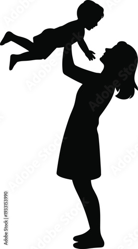 Black silhouette of a happy mother lifting her small baby up in the air isolated on white background for motherhood parenting and family love