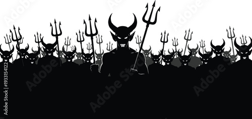 Dramatic black silhouette vector illustration of a demonic army featuring horned devils holding pitchforks and tridents isolated on white background for horror design