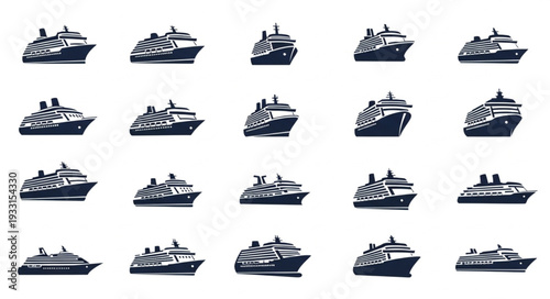 Collection of various cruise ships isolated on a white background, perfect for travel.