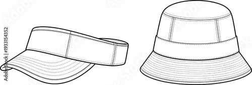 Two Different Styles of White Hats with Visors Drawn in Outline Style two hats