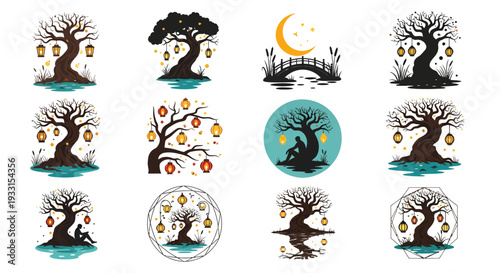 Magical trees with lanterns and a crescent moon a scenic silhouette