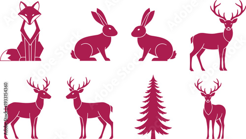 Minimalist vector silhouette set of forest animals featuring magenta deer fox rabbits and pine tree isolated on white background for winter woodland holiday design