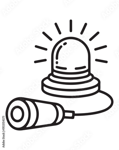 Emergency siren alarm icon with flashing light and cable vector line art illustration