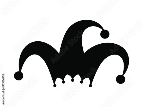 A striking black silhouette of a jester's hat with bells and pom-poms Vector