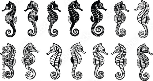 Set of fourteen decorative seahorse vector silhouettes featuring intricate tribal and floral patterns in black and white for marine life graphic design projects.