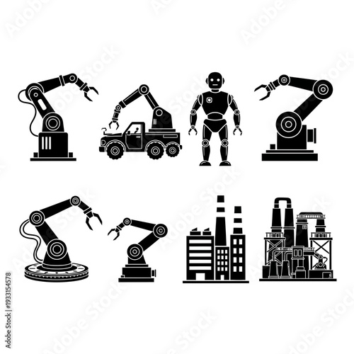 Black and white illustration set of industrial robots and factory elements