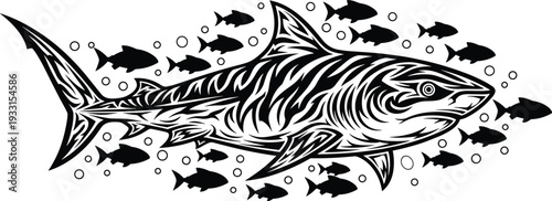 Tribal Shark Silhouette Vector Illustration with School of Small Fish and Underwater Bubbles Isolated on White Background for Tattoo or Nautical Ocean Design