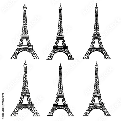Set of six eiffel tower illustrations in black and white