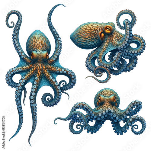 Three colorful octopuses with curled tentacles