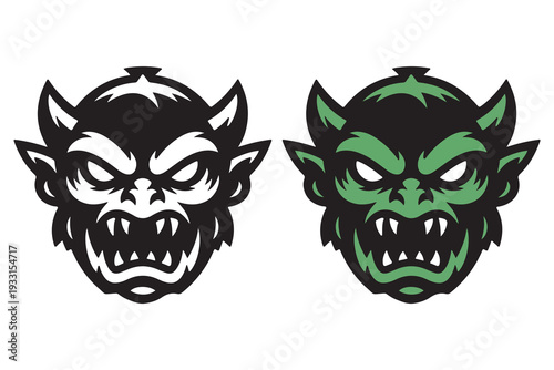 Fierce goblin head mascot logo set with green monster and black silhouette for esports gaming vector illustration