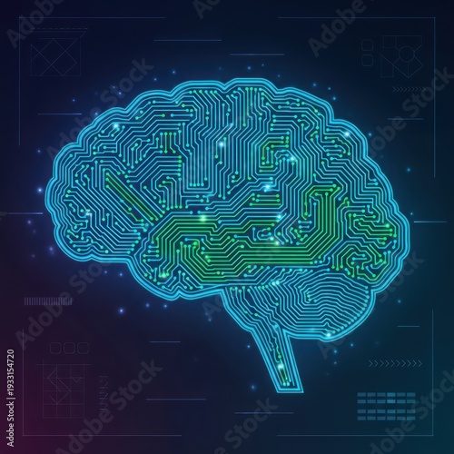 Digital Brain Circuit Board Illustration representing Artificial Intelligence, Machine Learning, and Neural Networks Technology