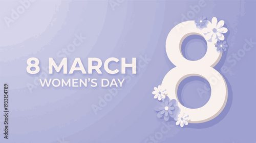 Minimalist 8 March Women's Day design with flowers on purple background