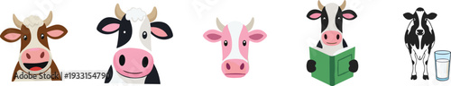 Cute Cartoon Cow Character Set with Different Expressions Reading Book and Milk Glass Vector Illustration